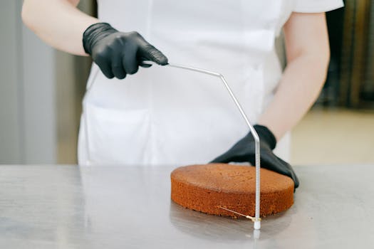 Un pâtissier en gants noirs utilise un outil pour couper un gâteau au chocolat sur une surface en inox.